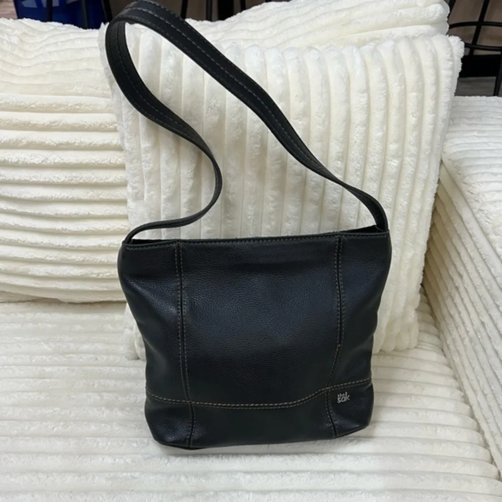 The Sak Brown Pebble Leather Shoulder Bag With Contrast Stitching